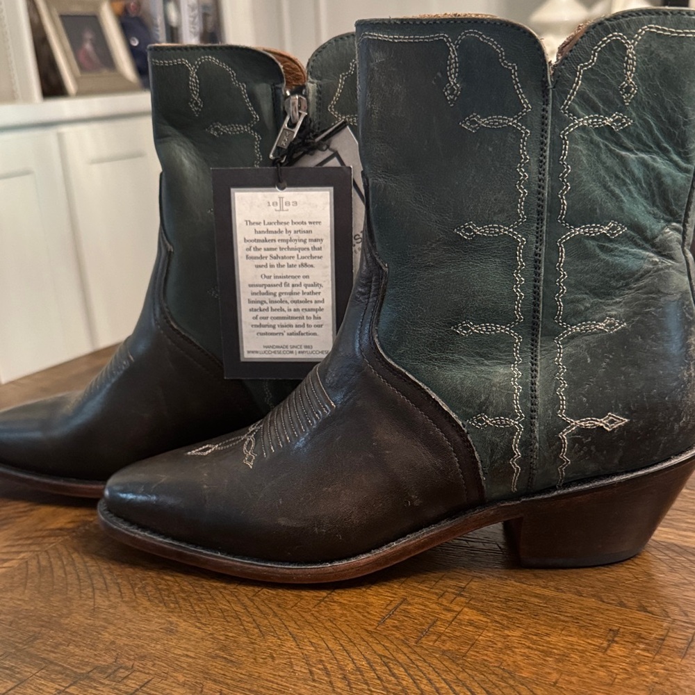 Women's Lucchese Two-Tone Green and Brown Leather Western Ankle Boots BRAND NEW - Picture 6 of 6